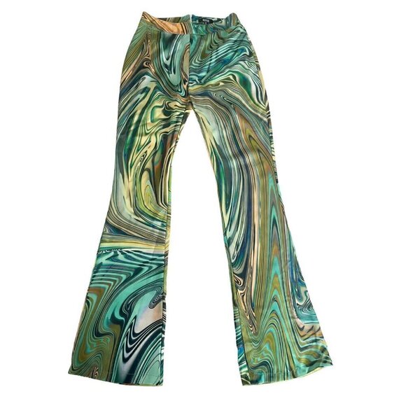 Dolls Kill Poster Girl Hypnotic Habits Green Turquoise Kick Flare Pants Womens S - Picture 1 of 9